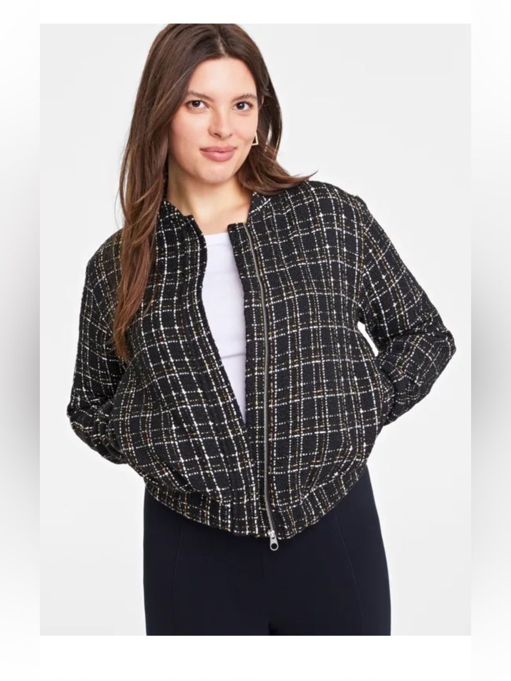 ON 34th Plaid Tweed Black Metallic Gold Bomber Jacket
